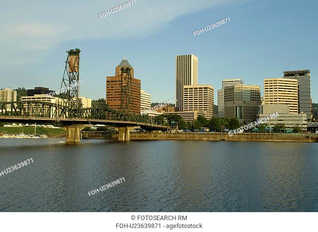 Portland, OR, Oregon, Willamette River, Hawthorne Lift Bridge, downtown, skyline