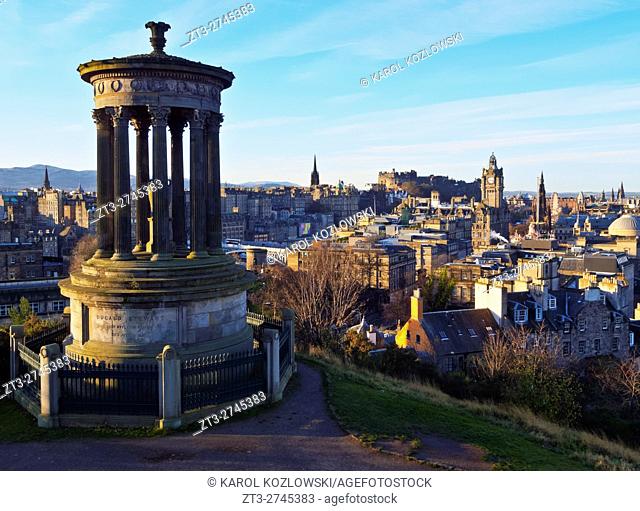 UK, Scotland, Edinburgh, Calton Hill, View of the Dugald Stewart Monument, the Balmoral Hotel Clock Tower and the Castle.