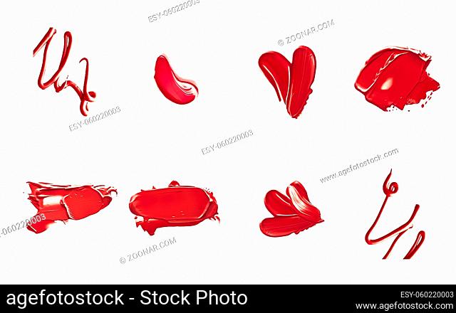 Red lipstick samples as beauty cosmetic texture isolated on white background, makeup smear or smudge as cosmetics product or paint strokes