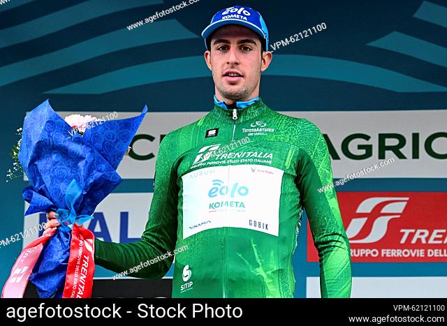 Italian Davide Bais of Eolo-Kometa celebrates on the podium in the green jersey of best climber ranking after stage 3 of the Tirreno-Adriatico cycling race