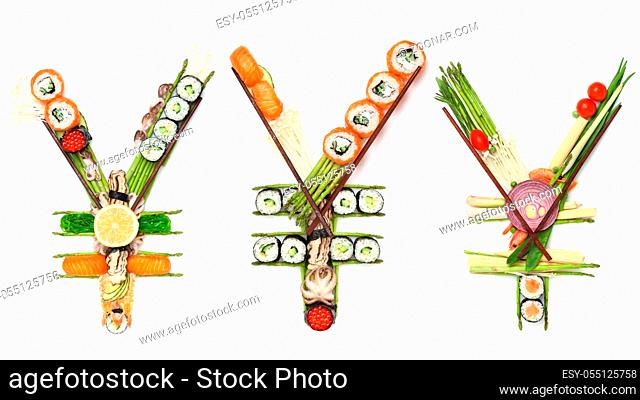 Creative concept photo set of yen sing currency made of sushi and vegetables on white background. A still life of yen sign made of sushi