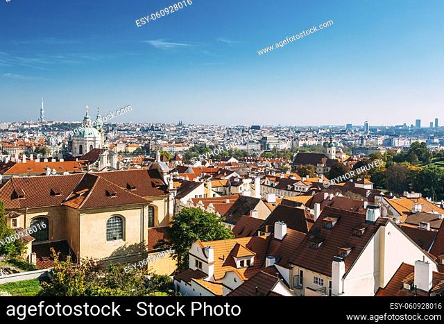 Prague cityscape, Czech Republic. Sunny blue clear sky