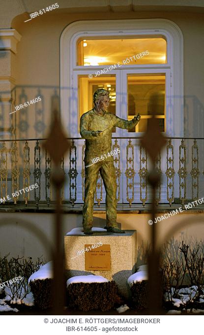 Birthplace of Herbert von Karajan with a monument to the great conductor in the historic town centre of Salzburg, Austria, Europe