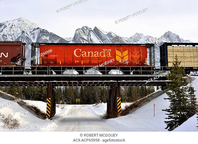 Rail cars of a Canadian National freight train crossing a train bridge over a snow covered road in Jasper National Park, Alberta, Canada