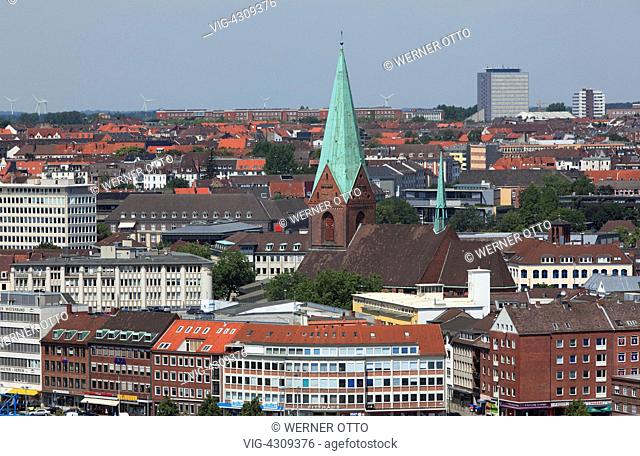 D-Kiel, Kiel Fjord, Baltic Sea, Schleswig-Holstein, panoramic view to the city centre, Saint Nicolai church, evangelic church, Gothic revival, brick building