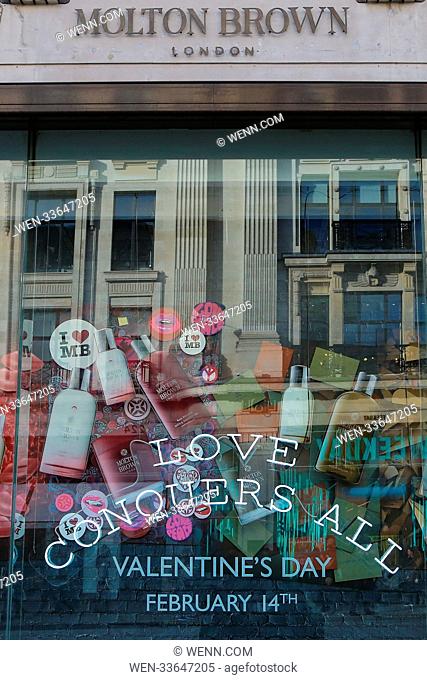 West End stores get ready for Valentine’s Day with “Love” window theme display. General views of Debenhams, Ernest Jones and Swatch Watches window display
