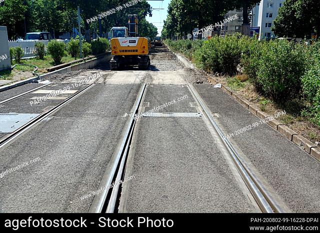 31 July 2020, Berlin: Construction work on the tracks of the M10 tram line near Landsberger Allee. The tracks of the M10 tram line between Landsberger Allee and...