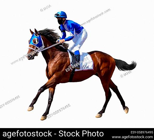 horse racing jockey isolated on a white background, several different angles of stallions and men
