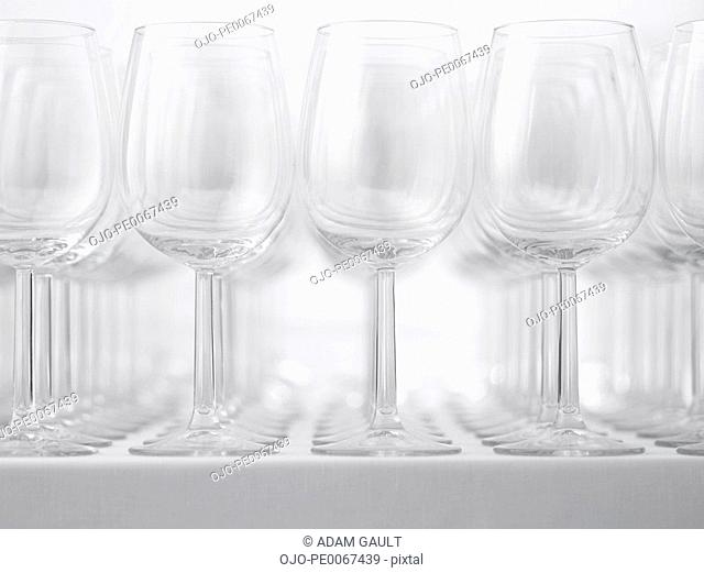 Close up of rows of wine glasses