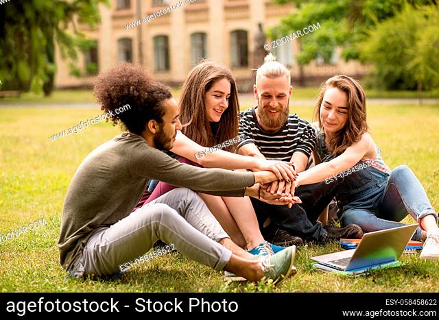 Multiethnic sudents sitting on lawn holding hands together. Group of young people relaxing on grass in campus
