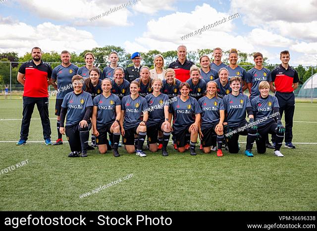 Defence women's football team and Defence minister Ludivine Dedonder pictured during a visit to the sport complex De Gulden Kamer as Belgian team of women...