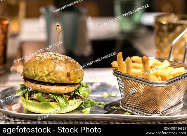 Chicken Hamberger with fries fast food