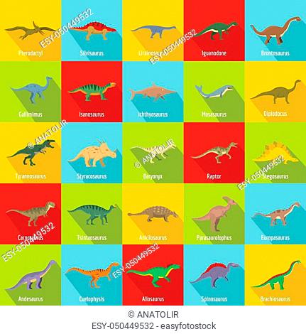 Dinosaur types signed name icons set. Flat illustration of 25 dinosaur types signed name icons for web