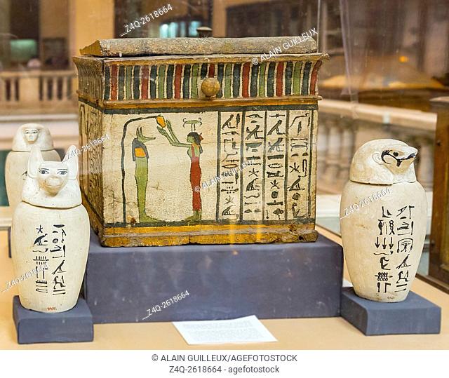 Egypt, Cairo, Egyptian Museum, canopic jars of Shepses-Hor and canopic box of Nesramon, priest of Monthu, Late period. The jars in limestone are covered with...