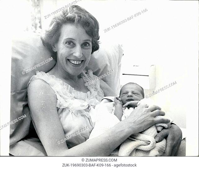 Mar. 03, 1969 - Tennis star Angela Mortimer gives birth to a son.: Former Wimbledon tennis champion, Angela Mortimer, last night gave birth to an 8lb 9oz son