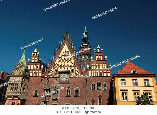 The Stary Rynek place with the city hall in the starlings Miasto or Old Town in centre of Wroclaw or Wroclaw in Silesia in Poland