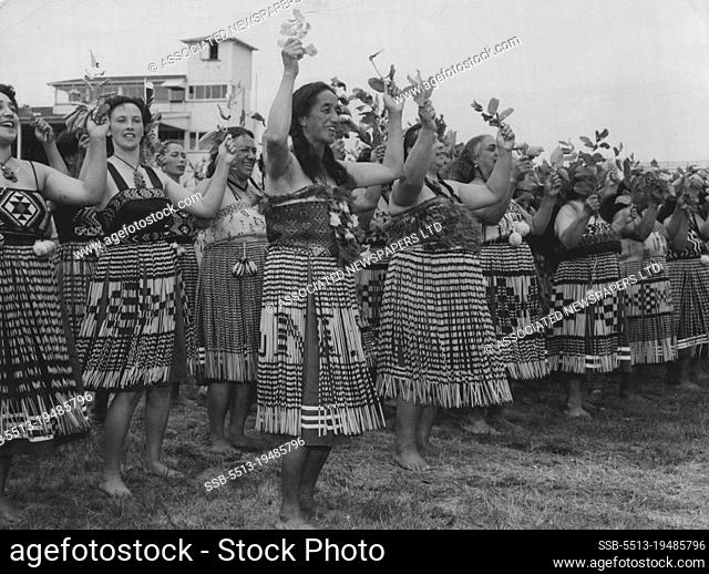 At Rotorua - Famous Maori guide, Rangi, in foreground, leads one of the dancers for the Queen. January 12, 1954. (Photo by Associated Newspapers Ltd.)