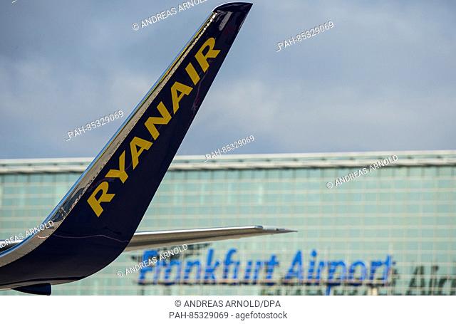 A winglet with Ryanair written on it can be seen in front of the words 'Frankfurt Airport' at the airport in Frankfurt am Main,  Germany, 02 November 2016