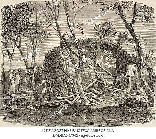 Ruins of the Bourbeati hostel in El Affroun, earthquake in Algeria, illustration from L'Illustration, Journal Universel, No 1247, Volume XLIX, January 19, 1867