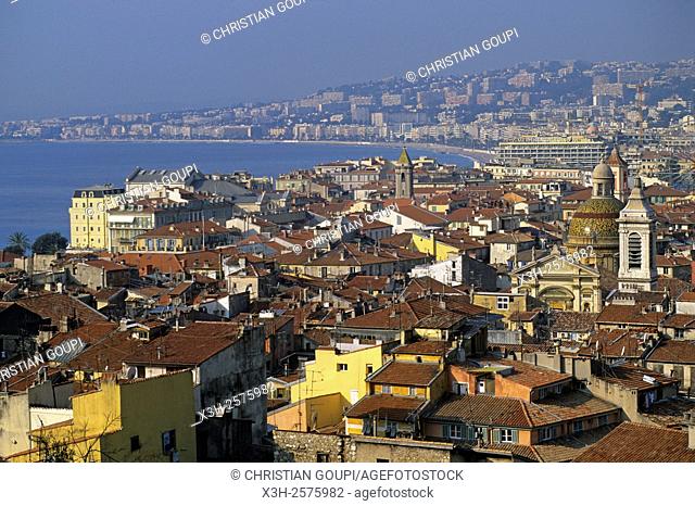 view of Vieux-Nice Old Town with the Baie des Anges Angel's Bay in the background, Nice, Alpes-Maritimes department, Provence-Alpes-Cote d'Azur region, France