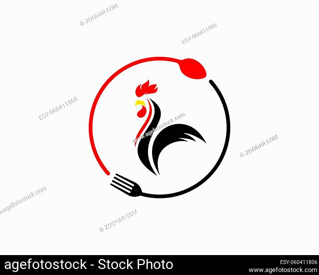 Circular fork and spoon with rooster inside