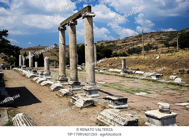 Turkey, Bergama, Pergamum, road with columns of the sacred area of Asklepion