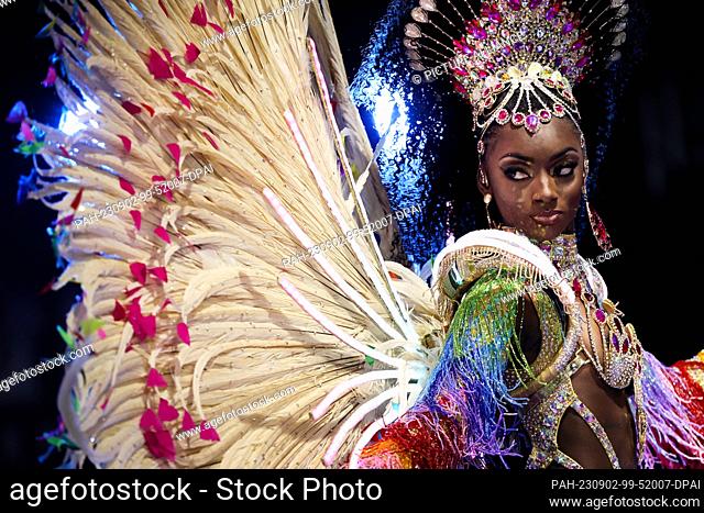 02 September 2023, Brazil, Rio De Janeiro: Bruna dos Santos, dancer from the Estação Primeira de Mangueira, performs during the ""King and Queen of Carnival...