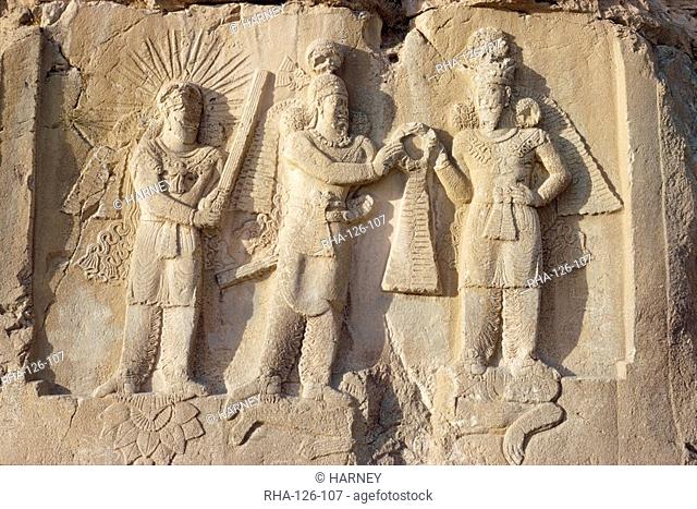The Investiture of Sassanid monarch Ardashir II by the god Ahura Mazda, with the god Mithra on the left, Taq-i Bustan, near Kirmanshah, Iran, Middle East