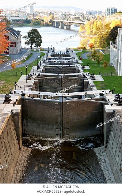 Looking down on the Ottawa Locks from Sappers Bridge. The locks are part of the Rideau Canal National Historic Site of Canada and are managed by Parks Canada