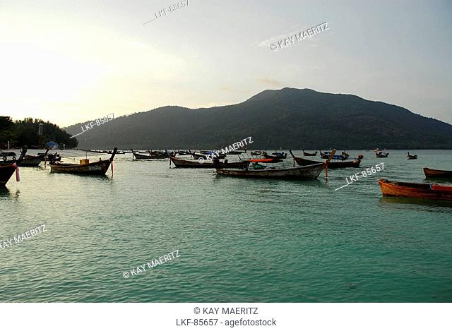 Boats in front of beach near village, Ko Lipe, Satun, Thailand
