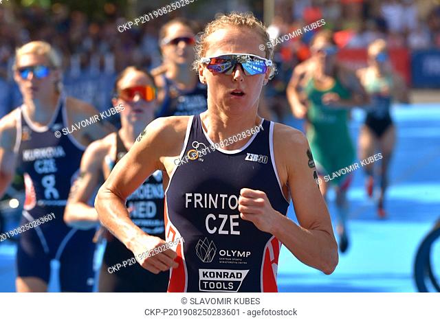 Czech Vendula Frintova, 35, pictured, won the Triathlon World Cup women's race in Karlovy Vary, Czech Republic, August 25, 2019, defending her previous victory