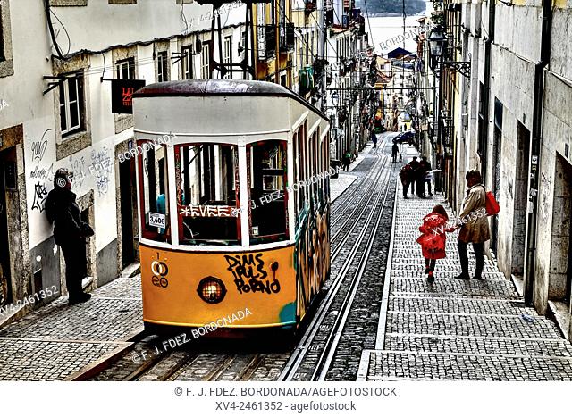 Bica cable car in Bairro Alto in the morning, Lisbon. Portugal