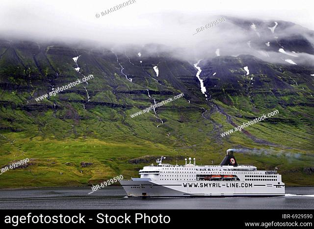 Fjord, Denmark and Färör ferry Norröna, Smyril Line ship, Seyðisfjörður, Iceland, Europe