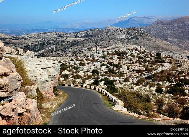 Road in El Torca National Park, El Torcal, Paraje Natural Torcal de Antequera, is an 1171 ha nature reserve with exceptional karst formations in Andalusia