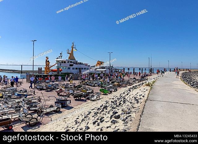 Vacationers leave the ferry Baltrum l in the port of Baltrum, East Frisian island, Baltrum, Lower Saxony