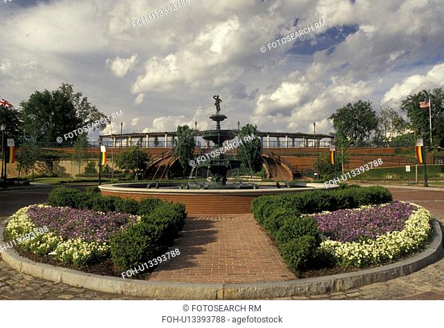 Augusta, GA, Georgia, Fountain and gardens along the Riverwalk in the spring in Augusta