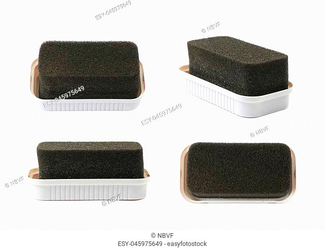 Black shoe shine sponge isolated over the white background , set of several different foreshortenings
