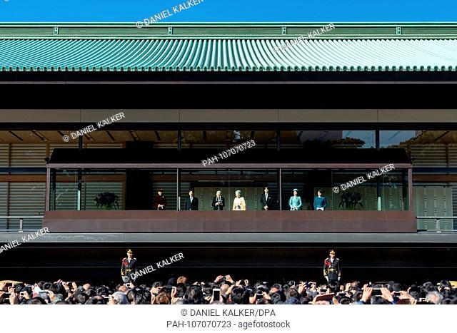 Japan: Last birthday speech of Japan's Emperor Akihito at the Tokyo Imperial Palace. From left: crown princess Masako, crown prince Naruhito, emperor Akihito
