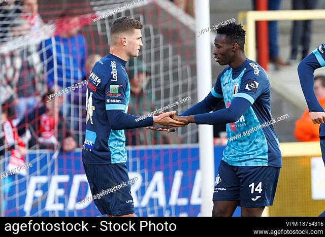 Rwdm's Nicolas Rommens celebrates after scoring during a soccer match between RE Mouscron and RWDM Molenbeek, Sunday 06 March 2022 in Mouscron