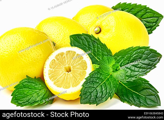 lemon with mint leaves isolated on white background
