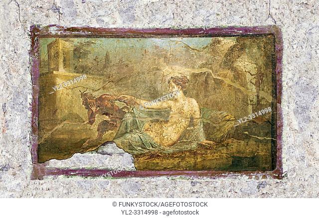 A Roman erotic fresco painting from Pompeii depicting Pan and Hermaphrodite, Naples National Archaeological, 50-79 AD , inv no 27700