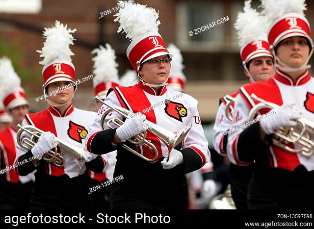 Louisville, Kentucky, USA - May 03, 2018: The Pegasus Parade, Marching band from the University of Louisville going down W Broadway