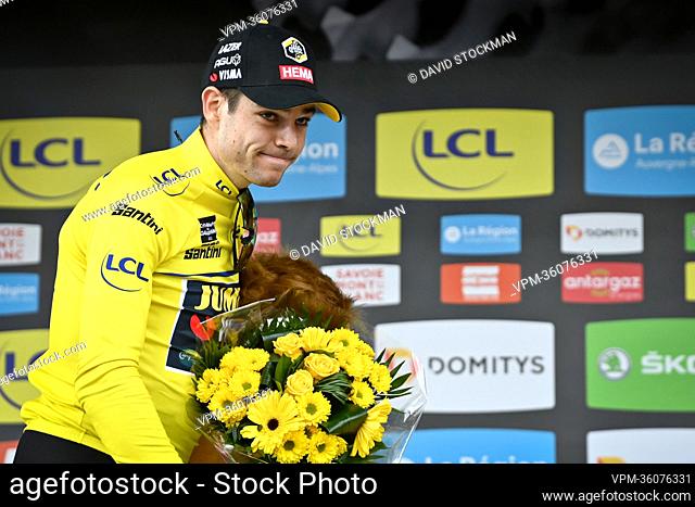 Belgian Wout Van Aert of Team Jumbo-Visma on the podium in the yellow jersey of leader in the overall ranking after the third stage of the Criterium du Dauphine...