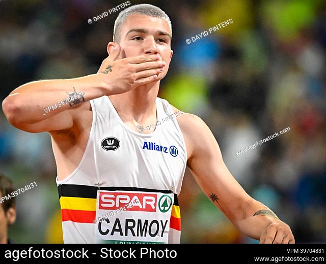 Belgian Thomas Carmoy pictured in action during the finals of the men's High Jump event, on the eight day of the Athletics European Championships