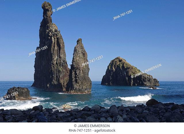Lava rock columns thrusting upwards out the ocean floor, northern Madeira, Portugal, Atlantic Ocean, Europe