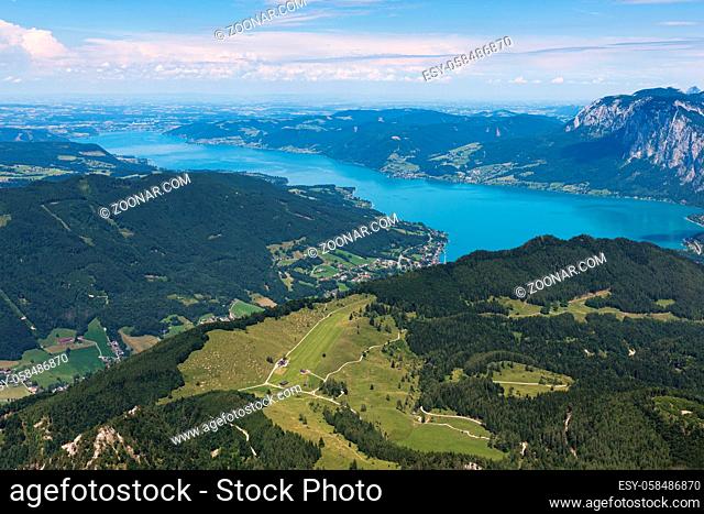 Aerial view at Austrian Attersee from top of Schafberg near Sankt Wolfgang