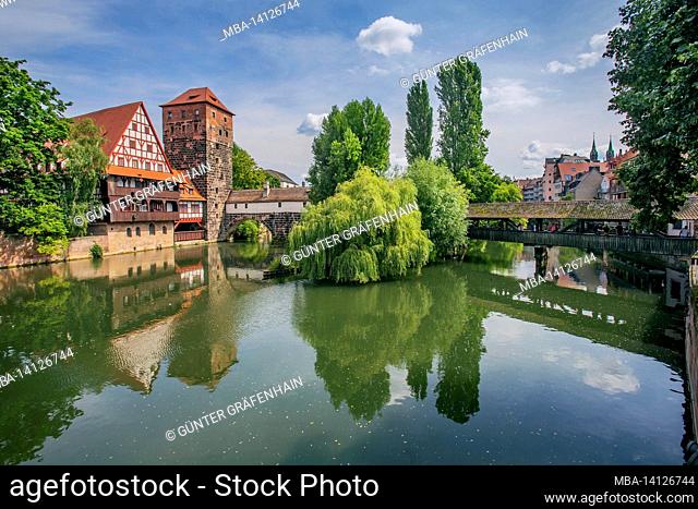weinstadel on the pegnitz with henkersteg, nuremberg, old town, middle franconia, franconia, bavaria, germany