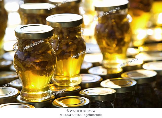 Honey-glasses, stacked, detail, food, glasses, supply-glasses, preserving jars, screw-cap, screw cap, honey, nuts, walnuts, yellow, transparently, back light