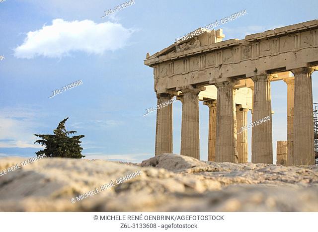 Ruins located at The Parthenon or Temple of Athena on Athenian Acropolis in Greece
