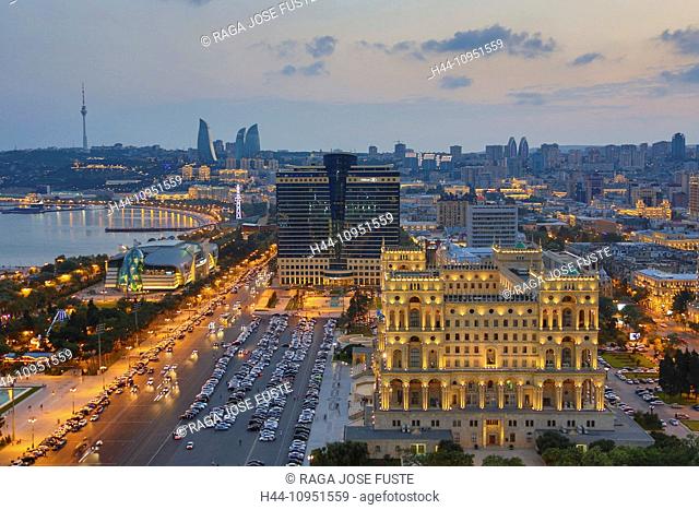 Azerbaijan, Caucasus, Eurasia, Baku, Government, aerial, architecture, avenue, bay, cars, city, downtown, fountains, government, skyline, sunset, touristic